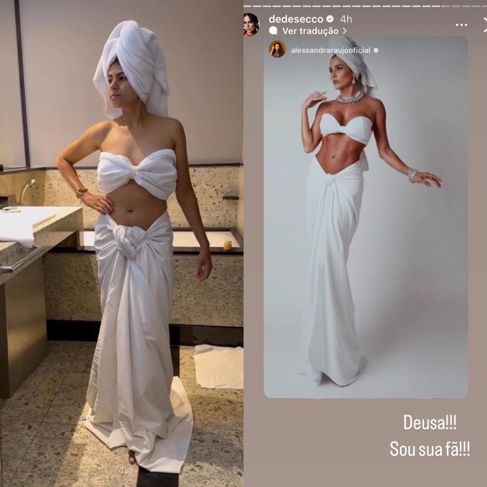 Deborah Secco elogia influencer que reproduziu look com toalhas de banho: ‘Deusa’
