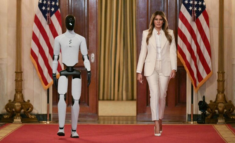 melania-trump-desfila-com-robo-humanoide-na-casa-branca-em-evento-sobre-ia