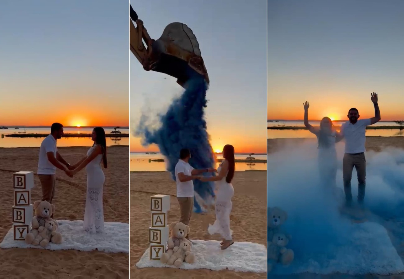 casal-inova-e-usa-retroescavadeira-para-revelar-sexo-de-bebe-em-praia-de-palmas;-video