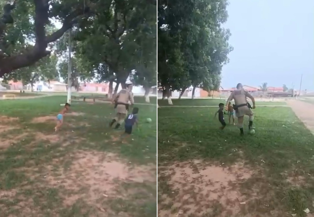 Policial militar joga futebol com crianças durante patrulhamento no TO; VÍDEO